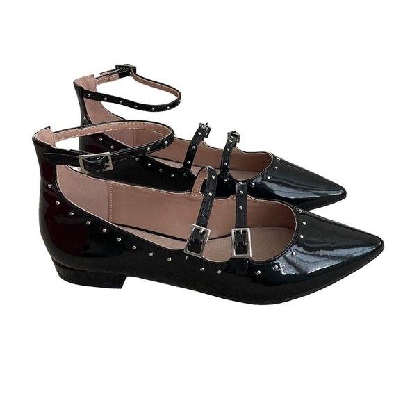 Mariamare Studded Strappy Flats Black 7 Patent Buckle - Picture 3 of 9